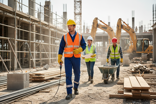 Construction workers Wearing different safety gear on construction site