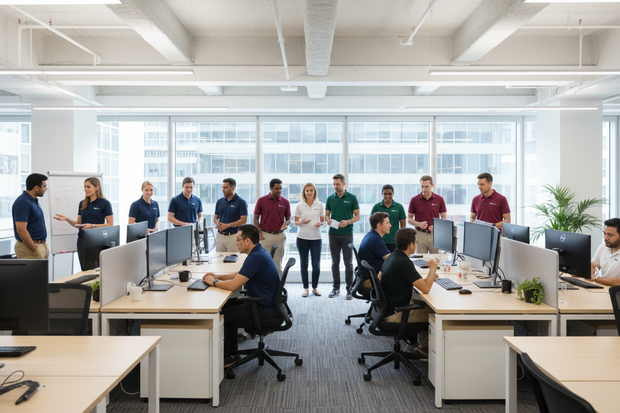 Corporate employees wearing different color Polo shirts in the office background